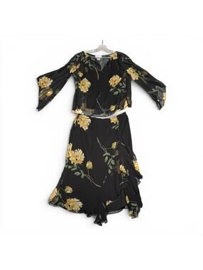 Vintage 90s Silk Randolph Duke Black Floral Sheer Two-Piece Skirt Set Size 8